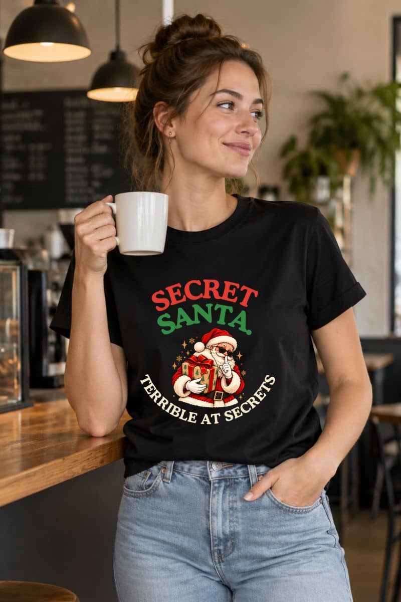 Funny Christmas t shirts featuring the “Secret Santa. Terrible at Secrets.” Santa design on a black tee worn by a woman at a café.