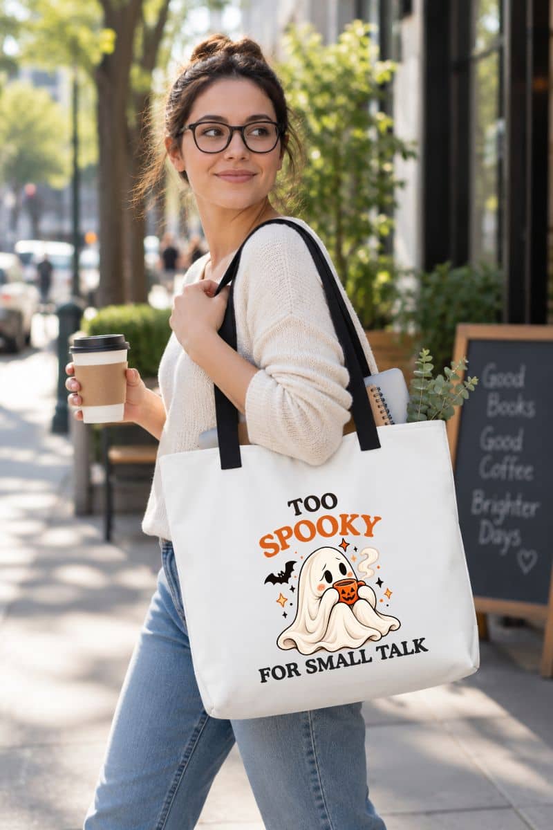 Woman wearing a cream sweater and carrying a white funny tote bag featuring the “Too Spooky for Small Talk” ghost design on a city sidewalk.