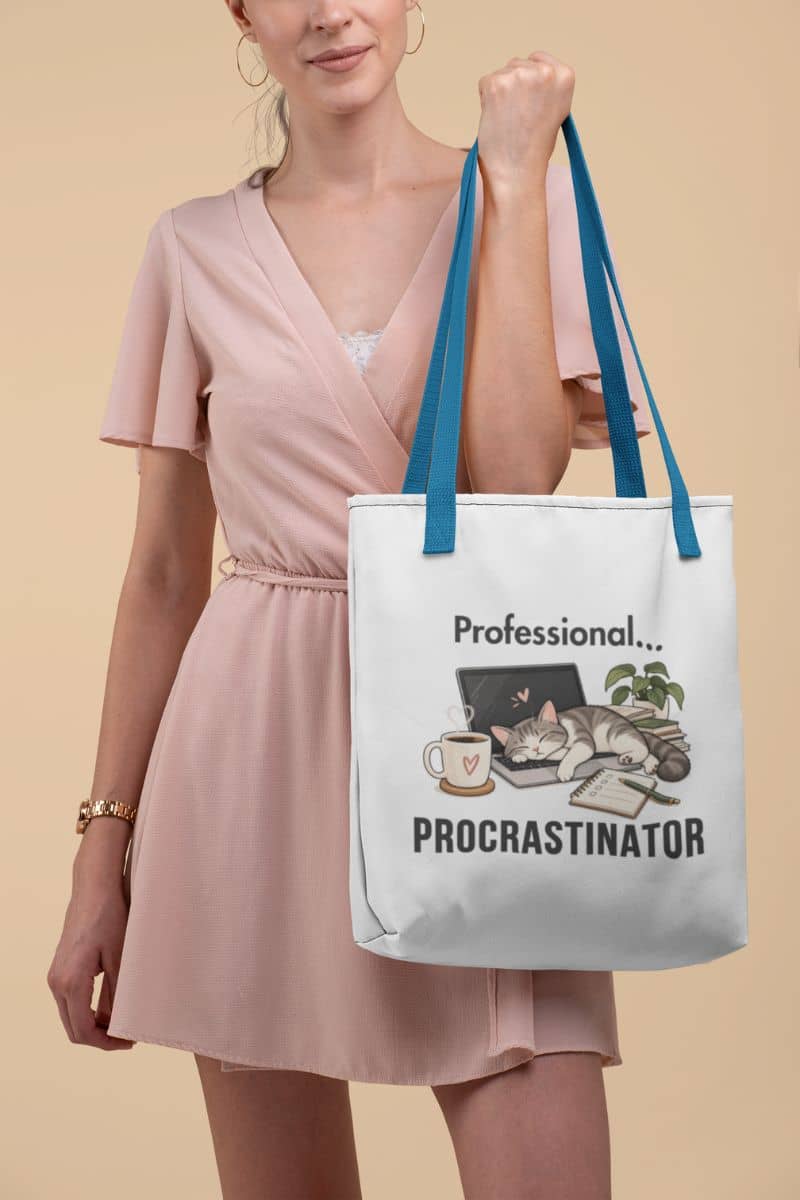 funny work bag with a woman holding a tote bag that reads 'Professional Procrastinator'
