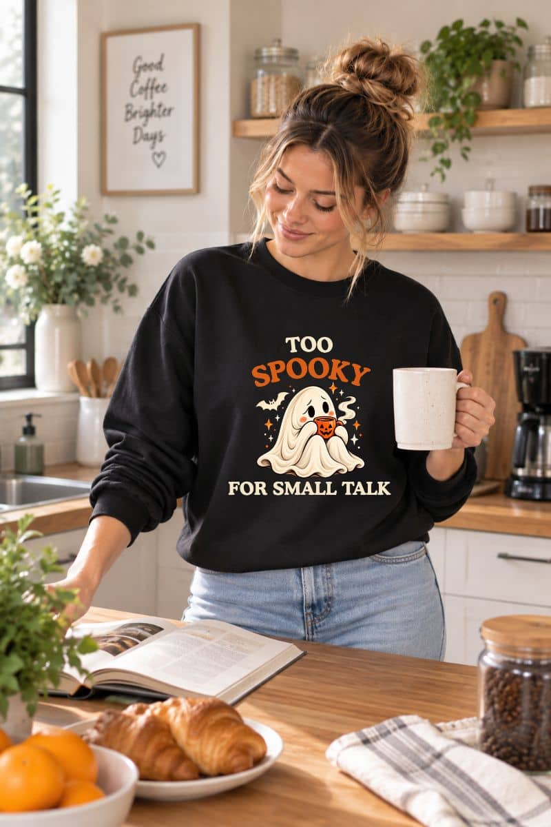Woman wearing a black Ghost Graphic Sweatshirt with the “Too Spooky for Small Talk” design while enjoying coffee and reading in her kitchen.