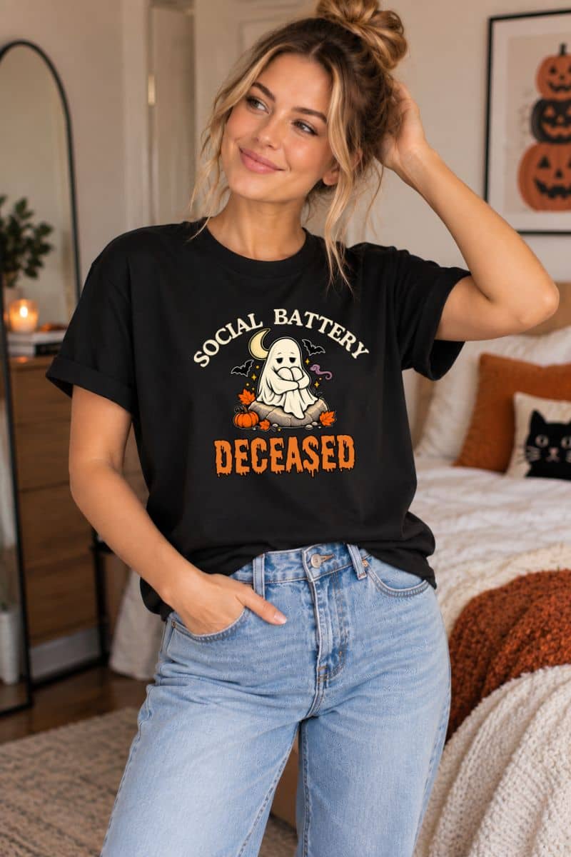 A woman wearing a ghost graphic tee featuring a 'Social Battery: Deceased' graphic in white and orange, paired with light blue jeans, standing in a cozy bedroom setting.