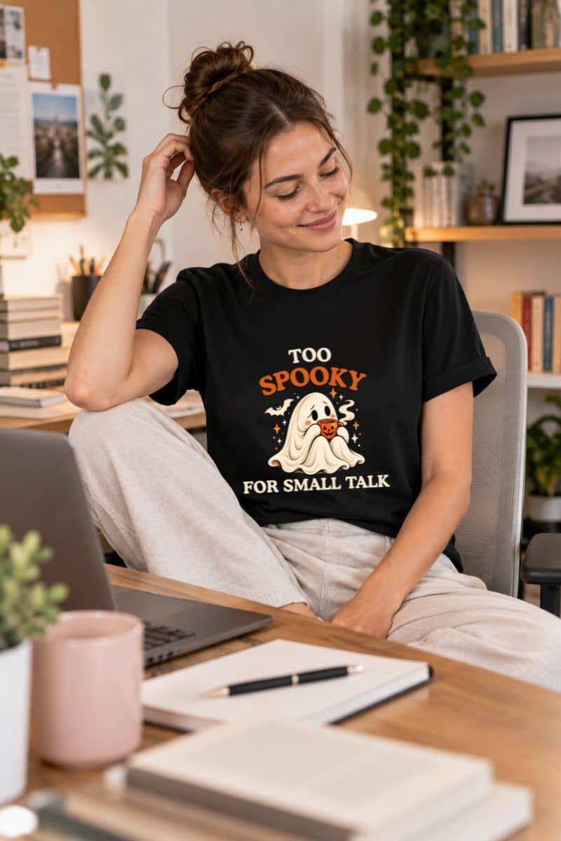 Woman relaxing at her home desk in a black ghost graphic tee with a cute ghost and “Too Spooky for Small Talk” design.