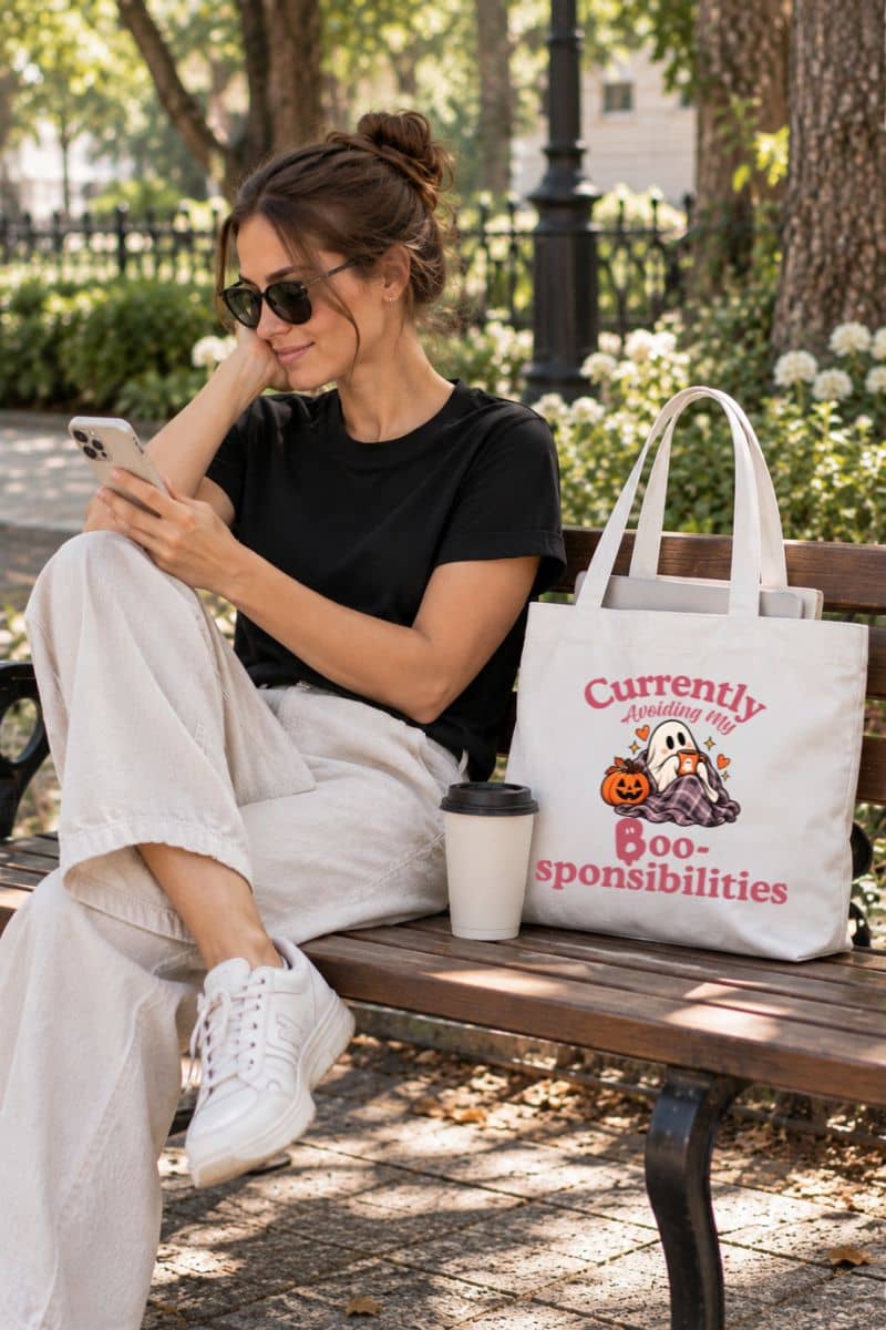 A woman sitting on a park bench using her phone, with a ghost tote bag beside her. The tote bag has a pink and orange graphic that reads 'Currently Avoiding My Boo-sponsibilities' with a ghost and pumpkin illustration.