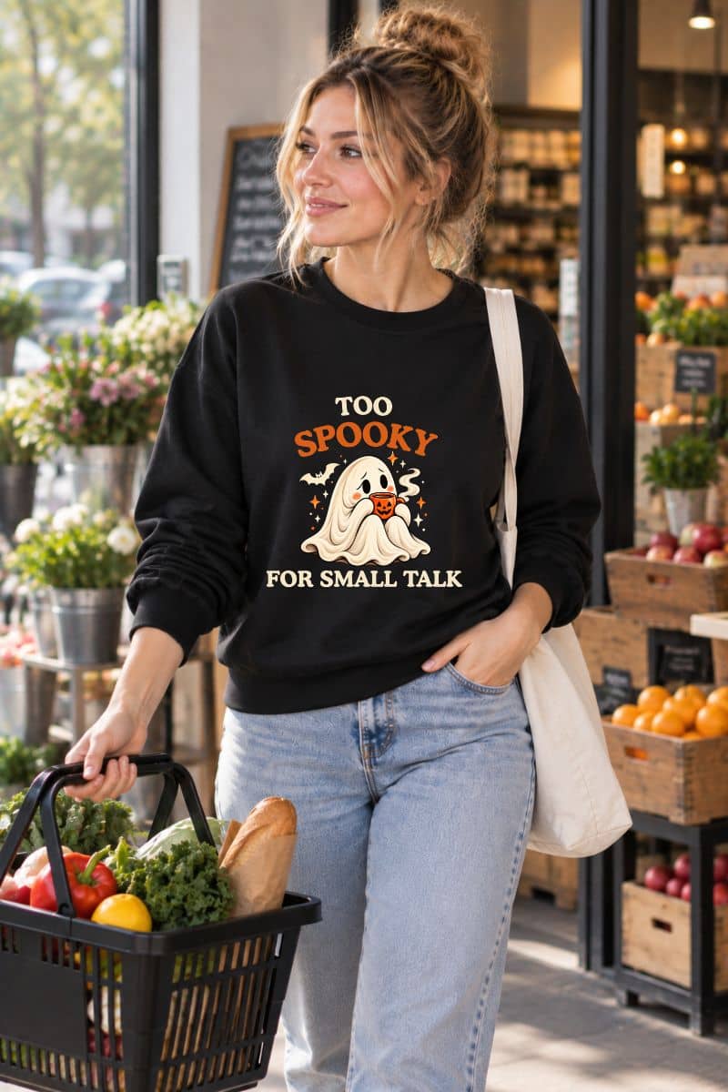 Woman wearing a black Halloween Graphic Sweatshirt featuring the “Too Spooky for Small Talk” ghost design while shopping for groceries.