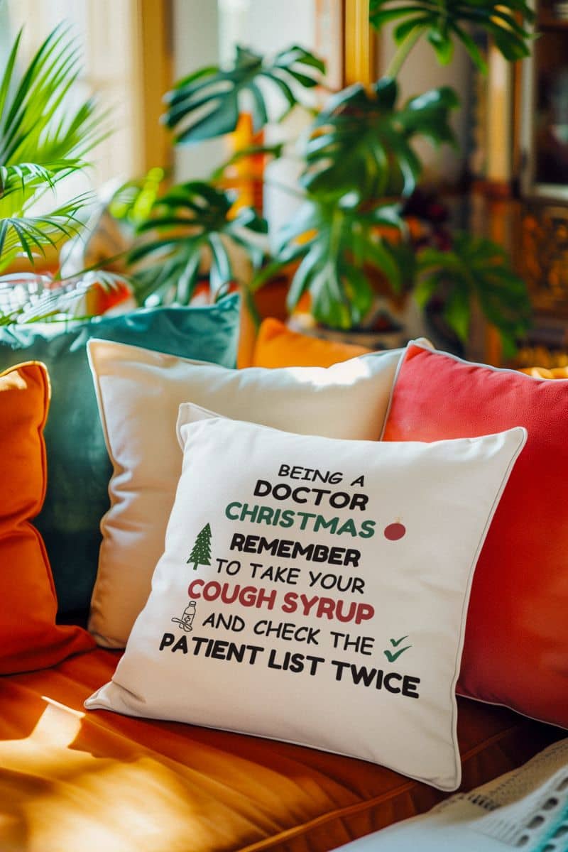 healthcare christmas cushion with a decorative pillow with text 'Being a doctor during Christmas, remember to take your cough syrup and check the patient list twice' on a colorful couch with plants in the background