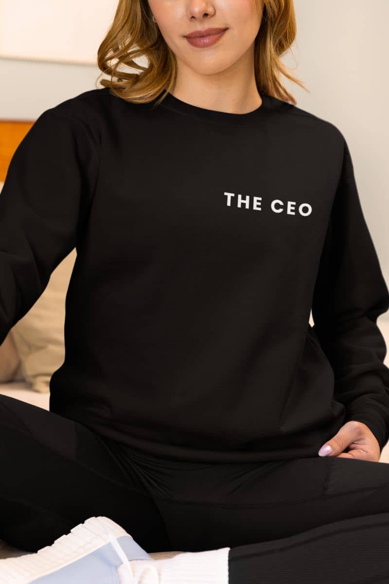 his and hers sweatshirts with a person wearing a black sweatshirt with 'THE CEO' text.