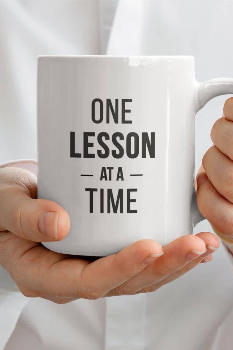 inspirational teacher mug with a white ceramic coffee mug with the text 'ONE LESSON AT A TIME' printed in black, held by two hands against a white shirt background.