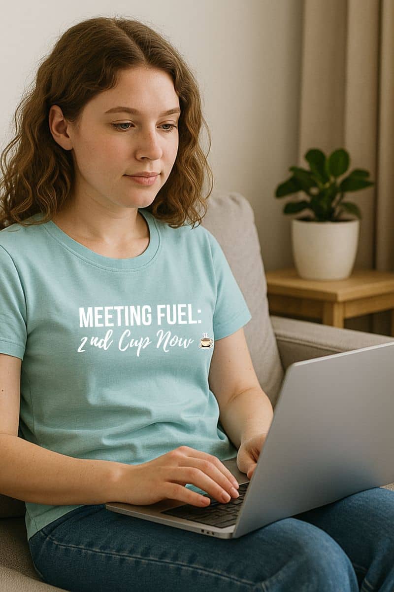 Minimalist Coffee Tee with a girl in a light blue T-shirt with the text 'Meeting Fuel: 2nd Cup Now', working on a laptop indoors.