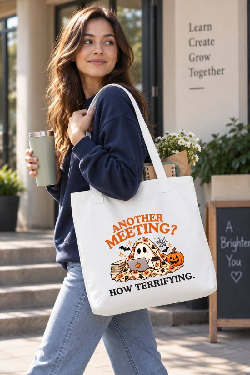A woman walking outdoors carrying a office tote bag with a Halloween-themed graphic that reads 'Another Meeting? How Terrifying.' She is wearing a navy sweatshirt and light blue jeans, holding a gray tumbler.