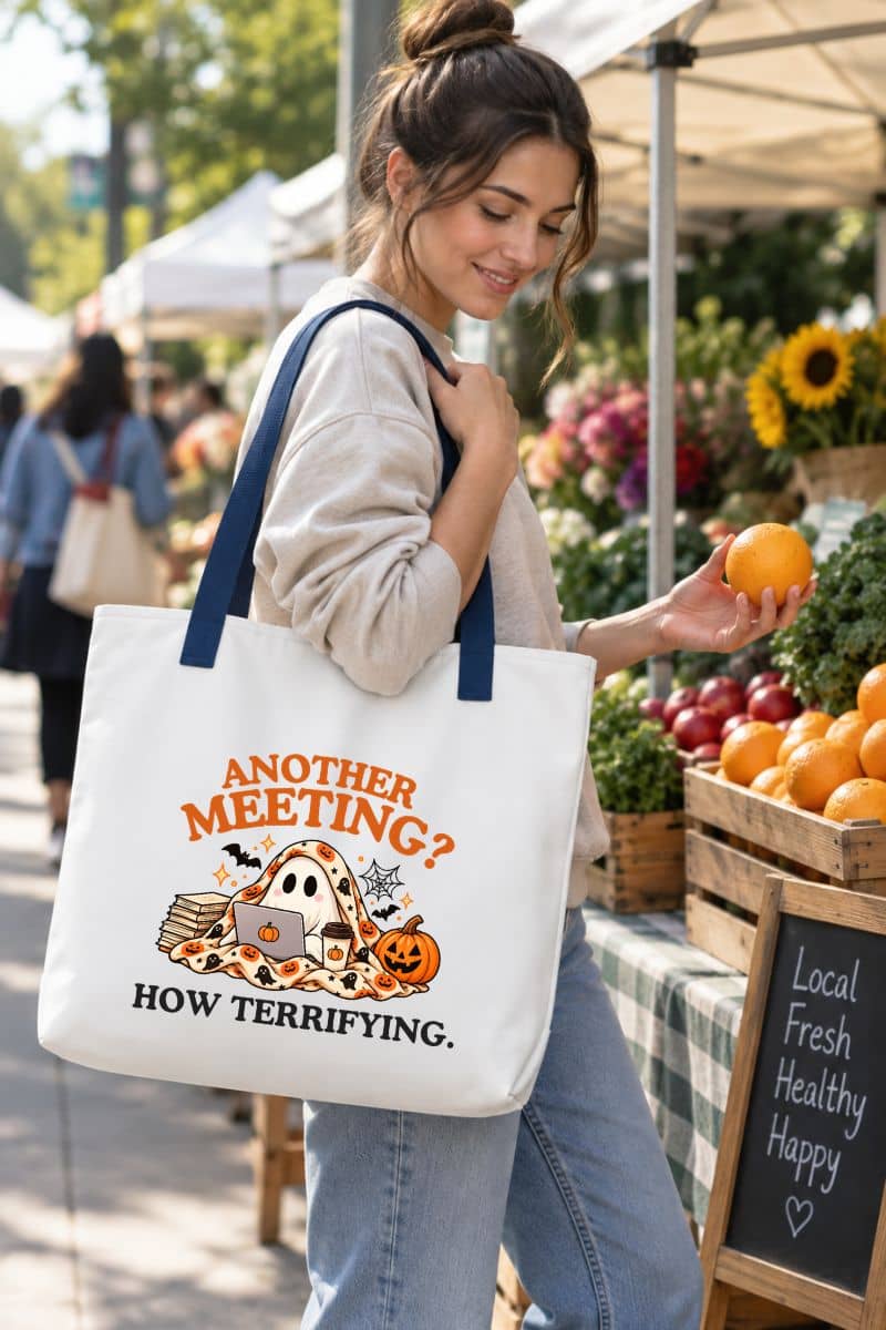 A woman at an outdoor farmers market carrying an office tote with navy blue handles. The bag features a Halloween-themed graphic with the text 'Another Meeting? How Terrifying.'