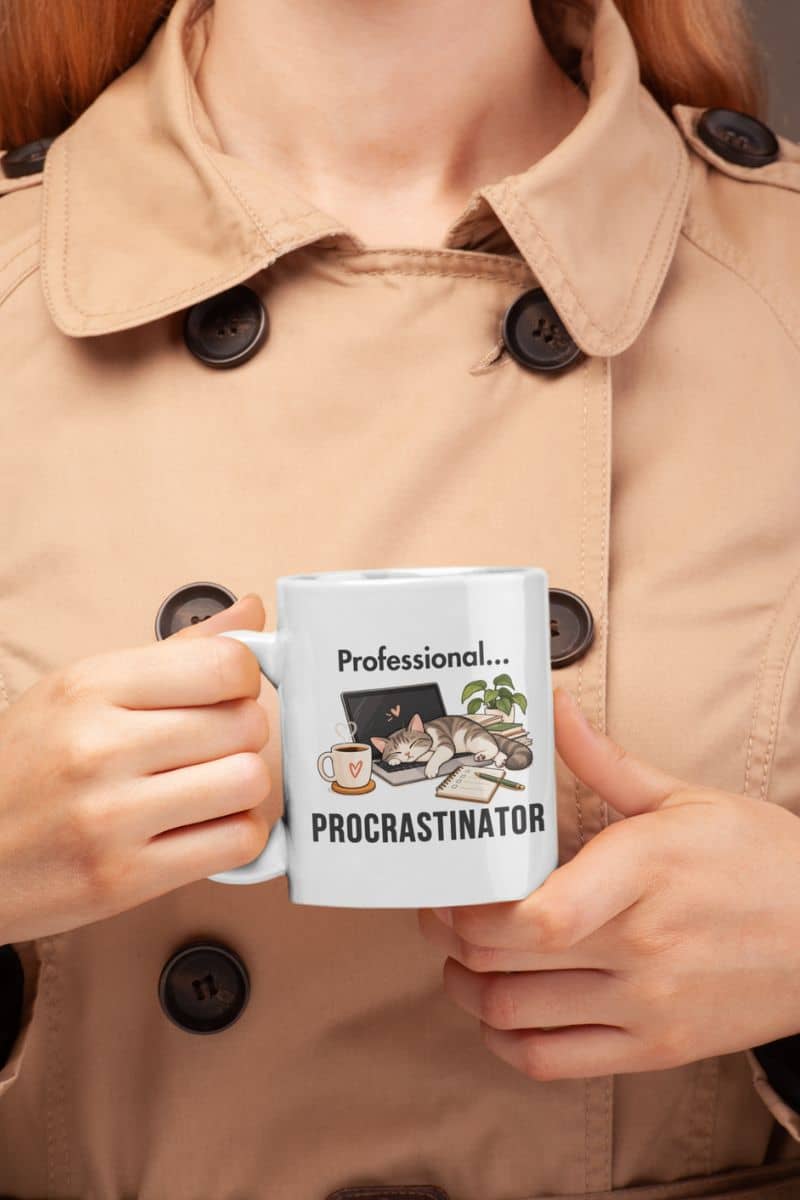 procrastinator mug with a person wearing a beige trench coat, holding a white ceramic mug featuring the text 'Professional Procrastinator'