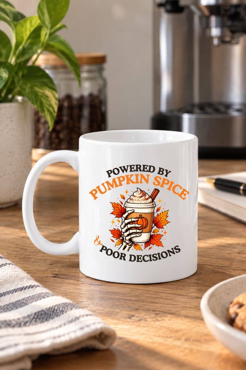 A pumpkin coffee mug placed on the desk, featuring the text 'Powered by Pumpkin Spice & Poor Decisions' and a cup of coffee