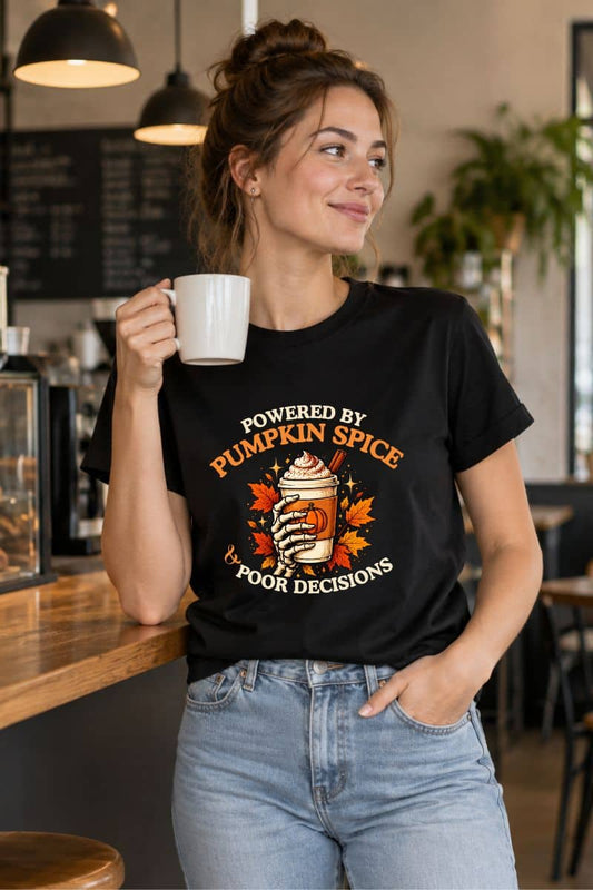 A woman wearing a pumpkin spice shirt featuring the text 'Powered by Pumpkin Spice & Poor Decisions' and a cup of coffee, standing in the coffee shop.