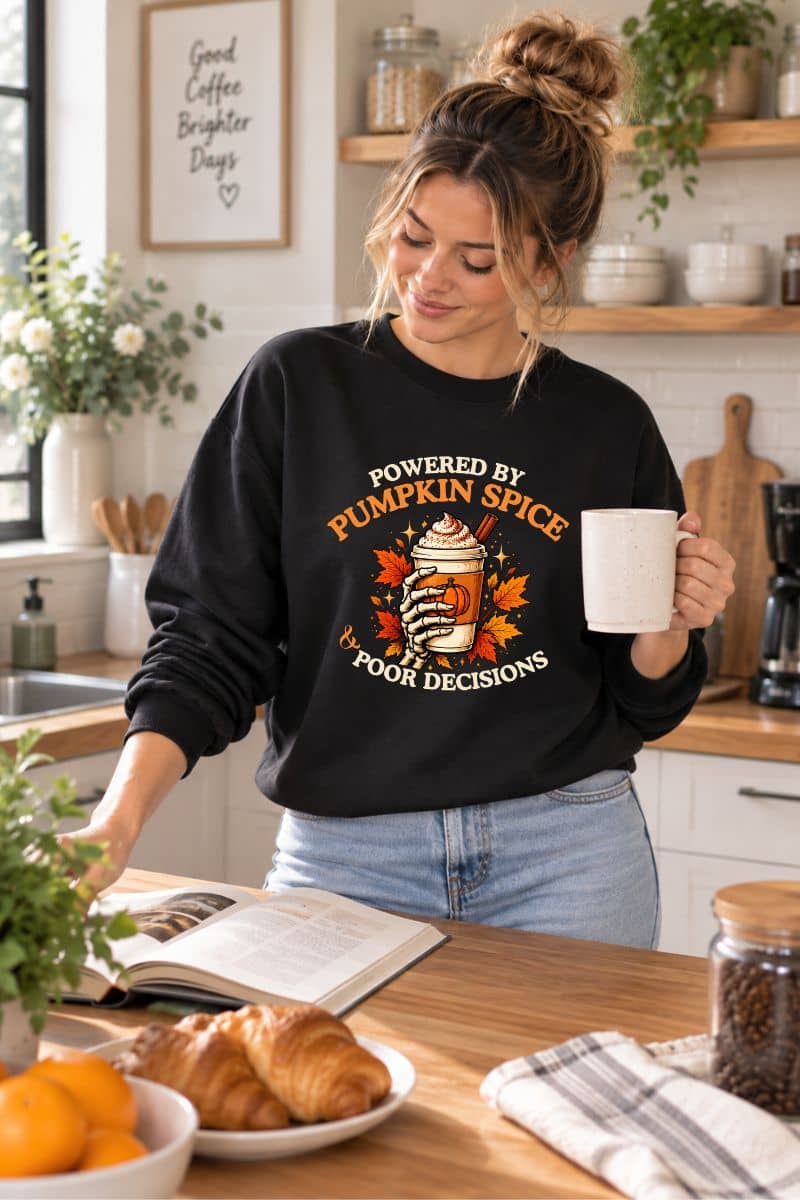 A woman wearing a pumpkin sweatshirt with a 'Powered by Pumpkin Spice & Poor Decisions' graphic and a cup of coffee, standing in the kitchen