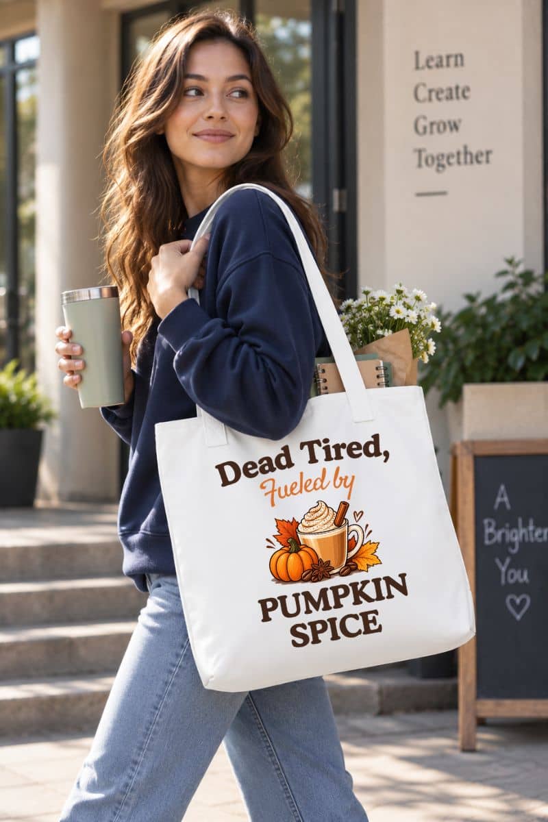 pumpkin tote bag with a woman walking outdoors carrying a white tote bag that reads 'Dead Tired, Fueled by Pumpkin Spice' and a small pumpkin illustration. 