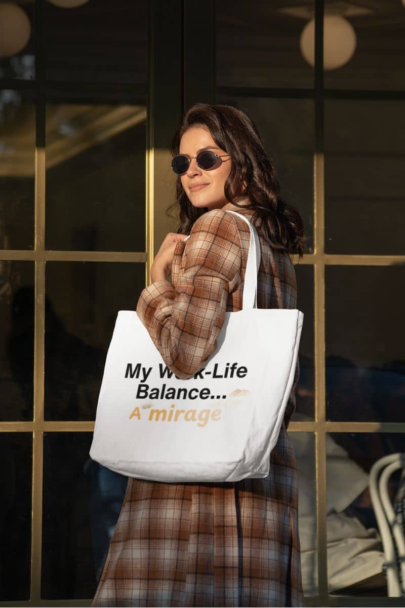 relatable work bag with a woman holding a tote bag with text in front of a window