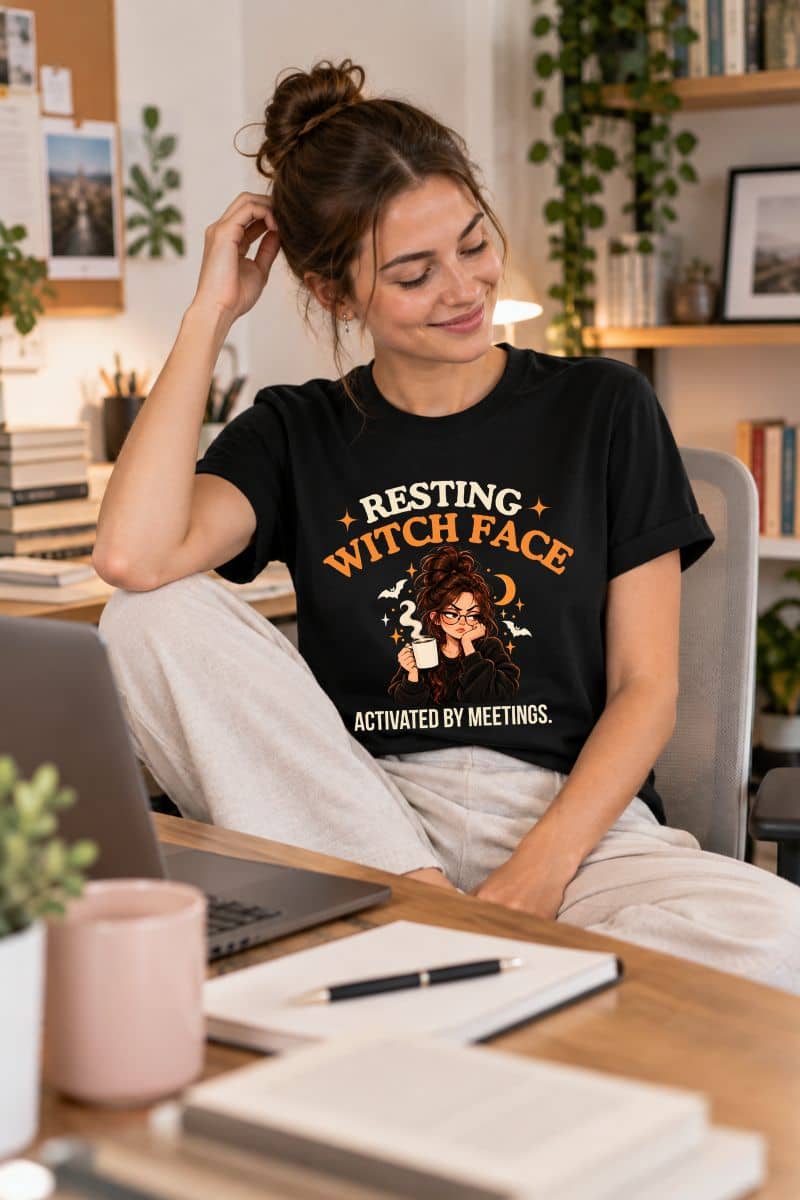 A woman sitting at a desk in a cozy home office setting, wearing a Resting Witch Face shirt featuring the text 'Resting Witch Face. Activated by Meetings.' with a woman's face