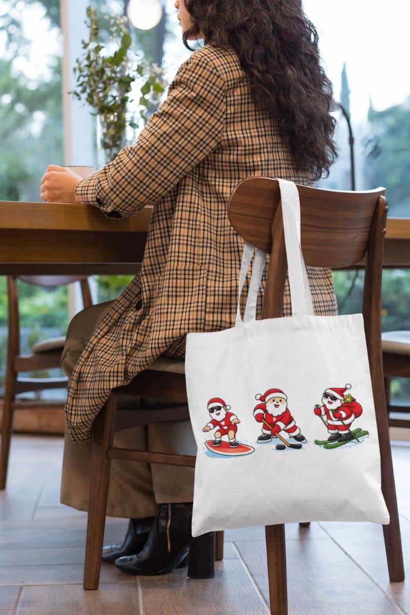 reusable christmas tote with a person sitting at a table with a tote bag featuring cartoon Santa Claus designs.
