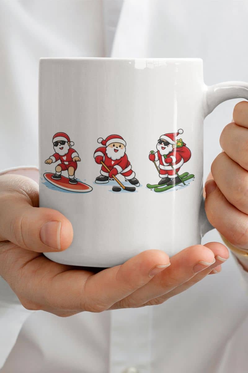 santa sports mug with a white mug with Santa Claus illustrations on a white background