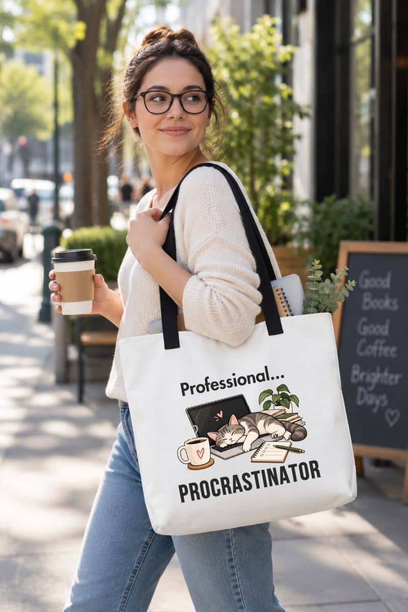 sarcastic work tote with a woman carrying a tote bag with a Professional Procrastinator design