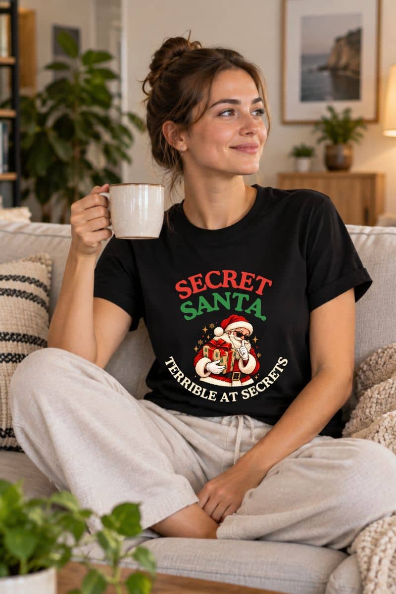 Secret Santa shirt featuring the “Secret Santa. Terrible at Secrets.” design on a black tee worn by a woman relaxing on a sofa with coffee.