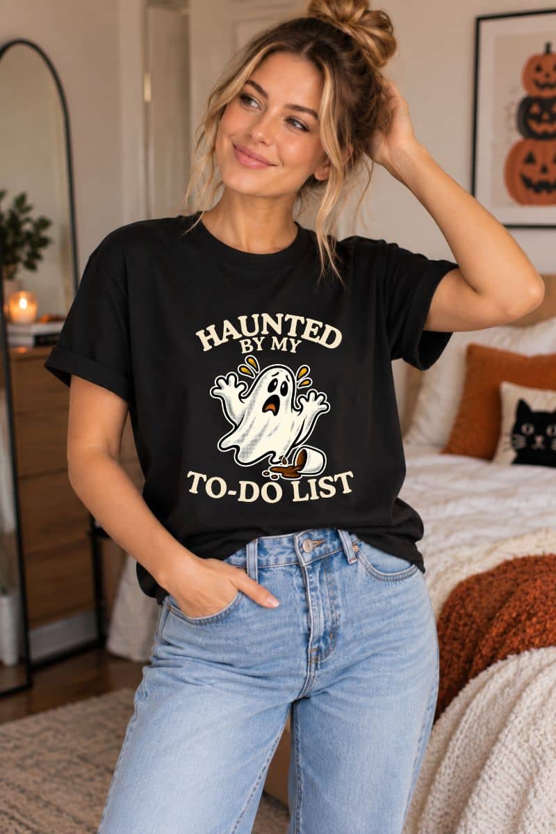 A woman wearing a spooky season shirt with a white ghost and the text 'Haunted by My To-Do List' paired with light blue jeans, standing in a cozy bedroom setting.