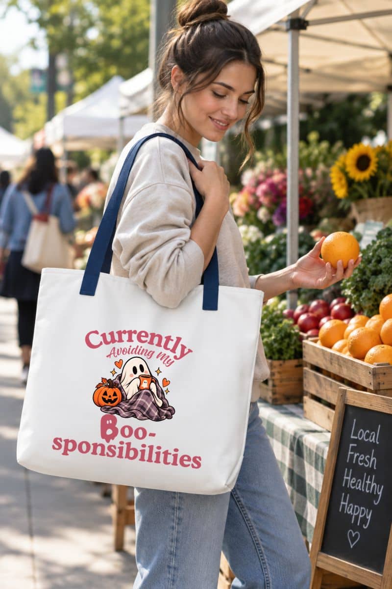 A woman at an outdoor farmers market carrying a spooky tote bag with navy blue handles and a Halloween graphic that reads 'Currently Avoiding My Boo-sponsibilities' in pink text.