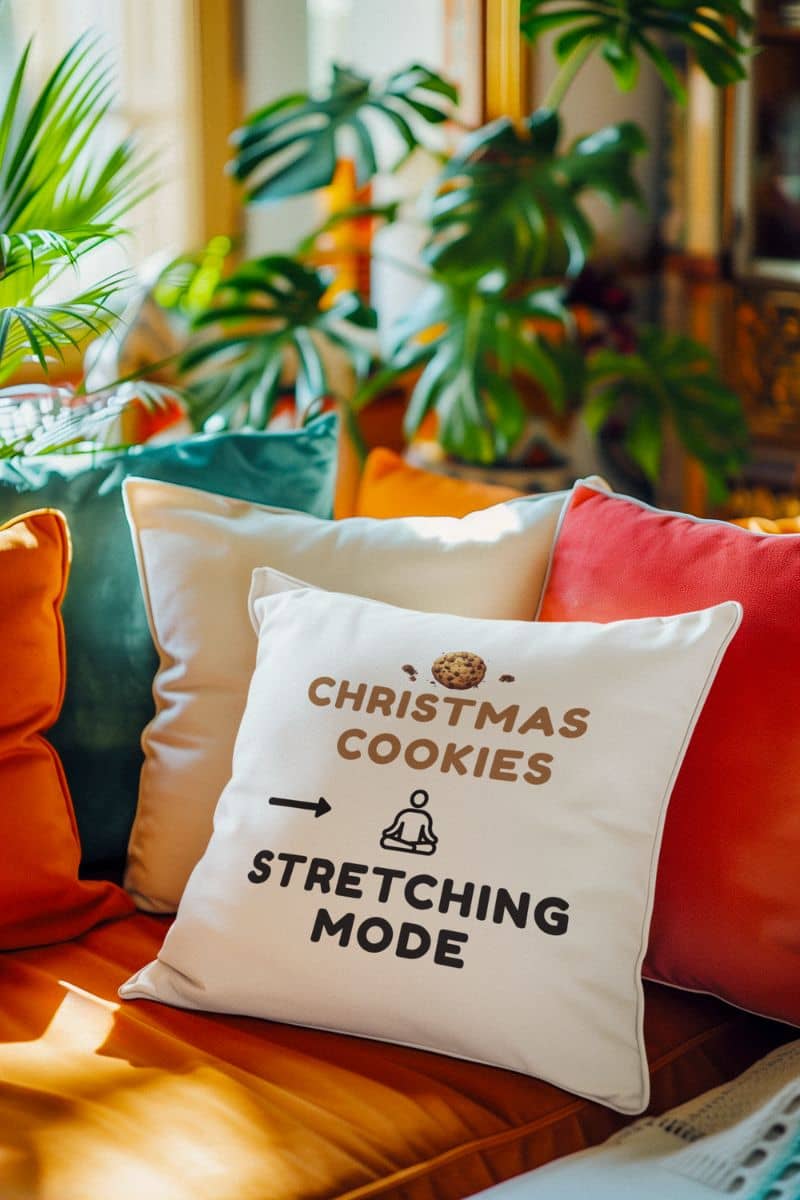 stress relief decor pillow featuring the text 'Christmas Cookies, Stretching Mode' on a couch with plants in the background
