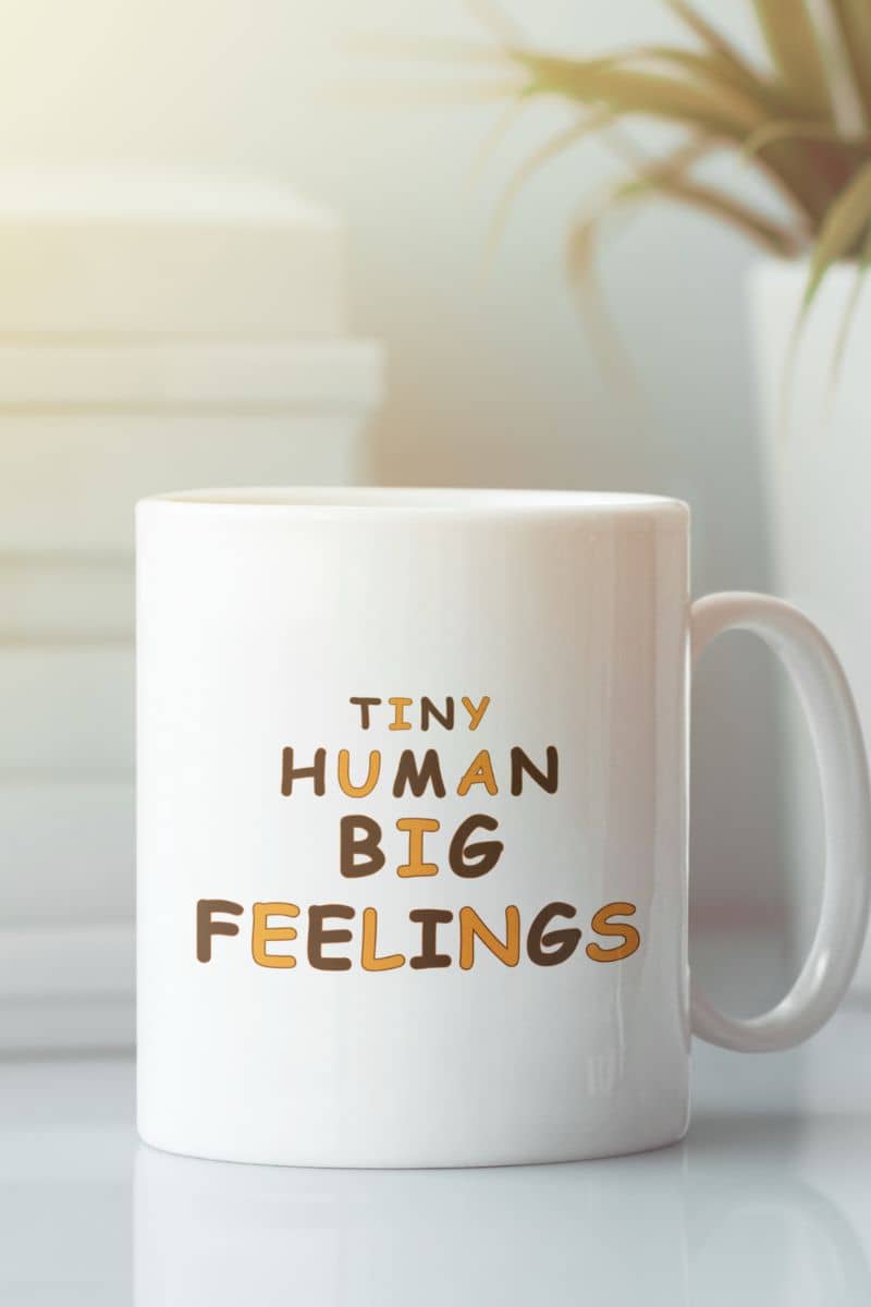 teacher gift mug with a white ceramic mug with text 'TINY HUMAN BIG FEELINGS', placed on the table