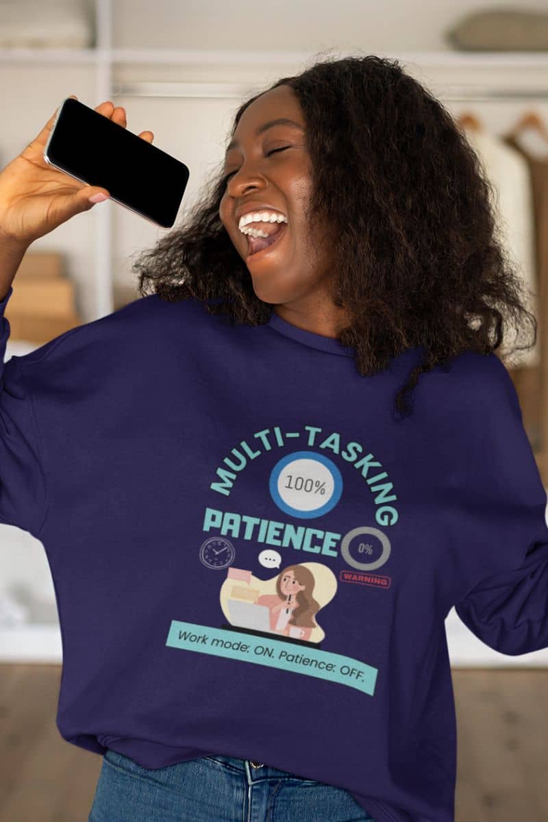 work-mode-sweatshirt with a girl using her phone instead of a microphone while she was singing passionately