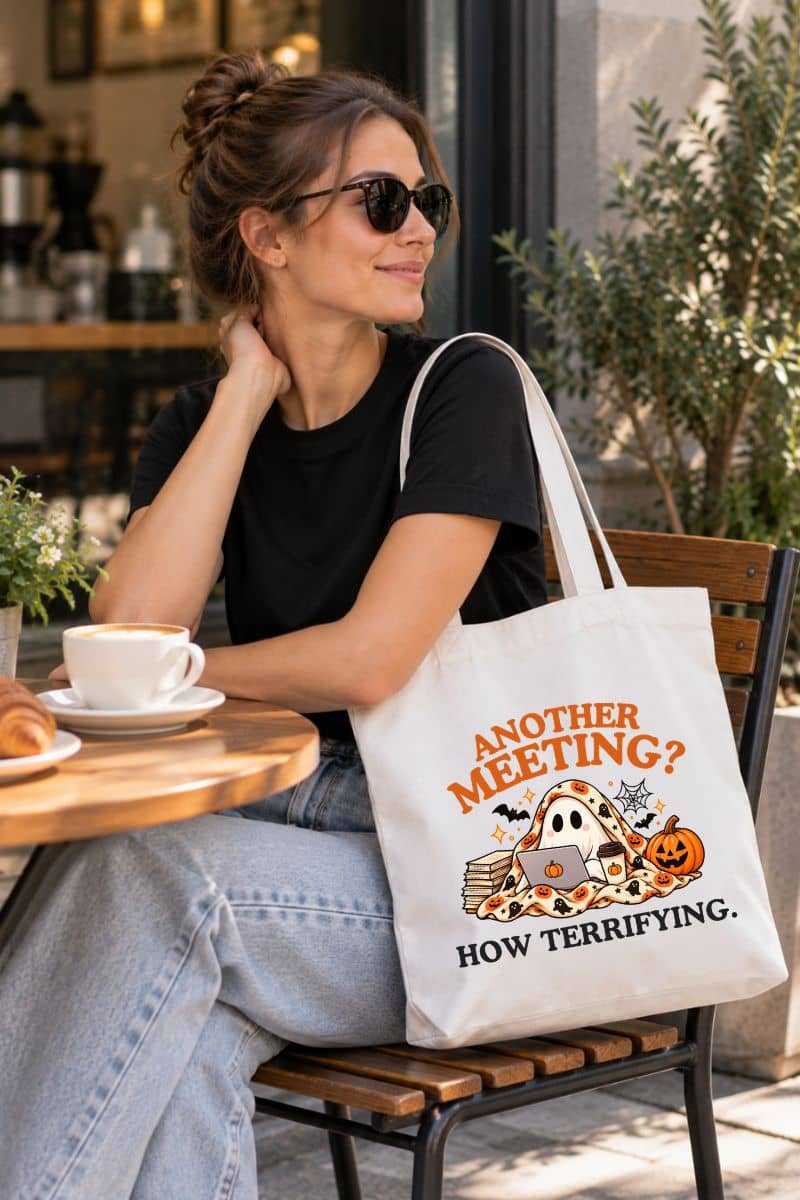 A woman sitting at an outdoor cafe table carrying a work tote bag featuring a 'Another Meeting? How Terrifying.' graphic with a ghost and a cup of coffee